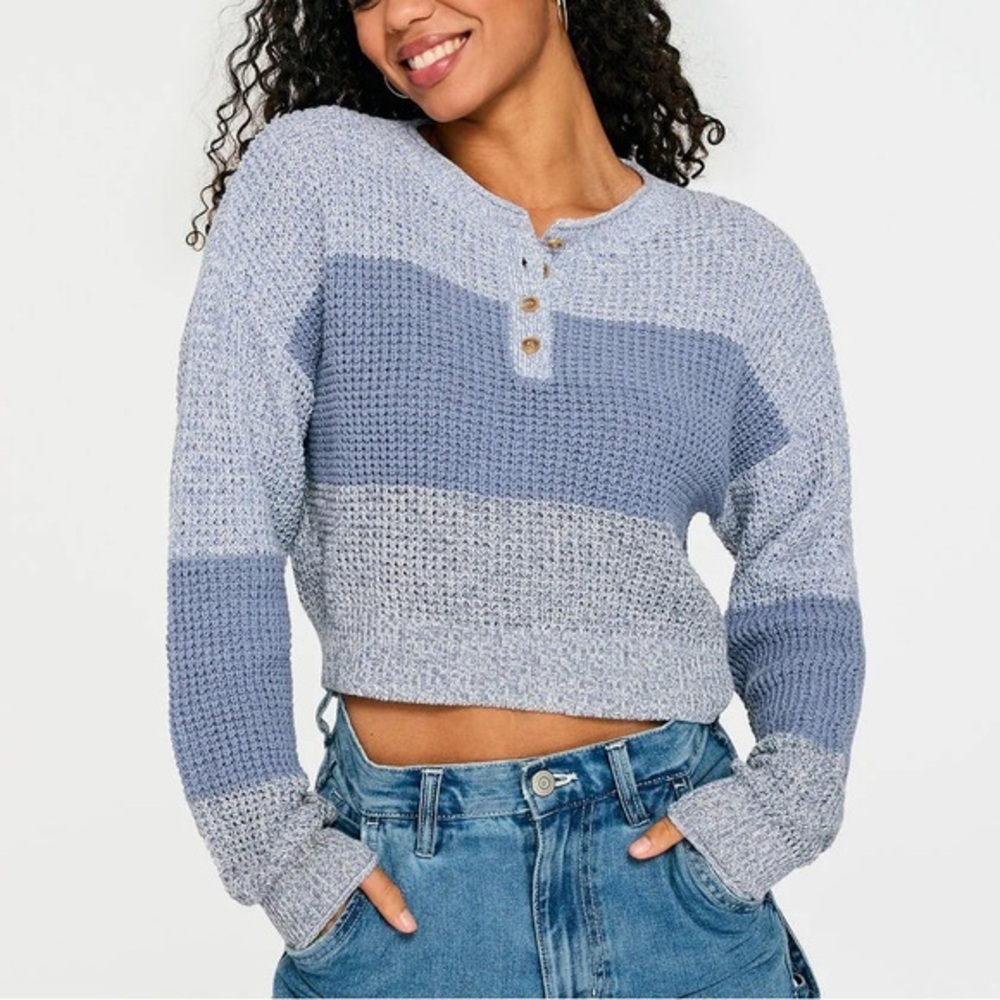 Aeropostale Striped Cropped Henley Blue Sweater Preppy Cozy Cute XS